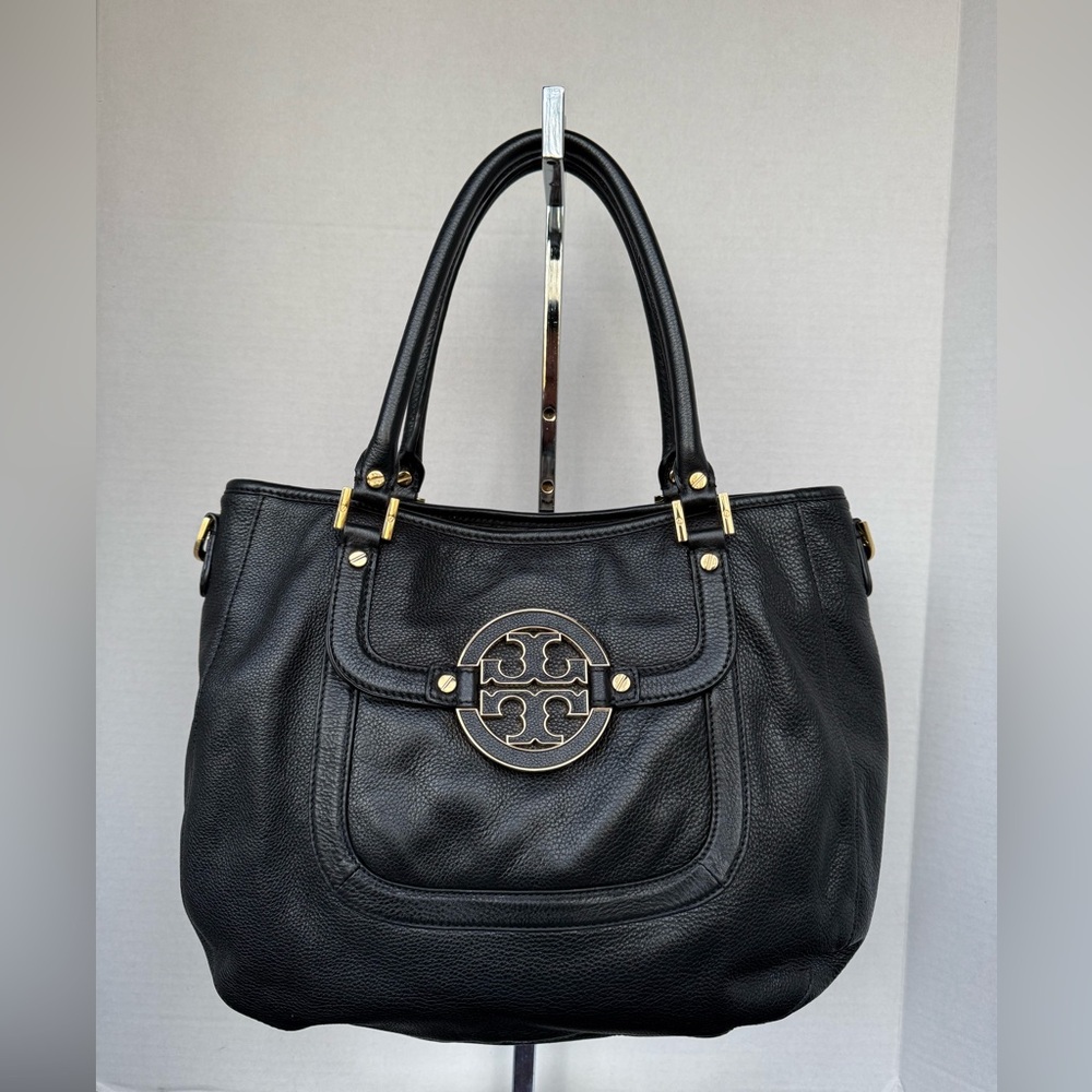 Tory Burch Amanda Leather Tote Bag Black 2Way Shoulder Handbag Authentic